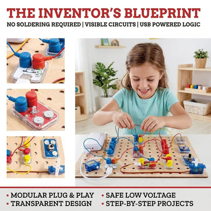 Promotional collage for a children's modular electronics kit titled 'The Inventor's Blueprint.' The main panel shows a young girl sitting at a wooden workbench assembling colorful circuit boards connected to a USB power source.
