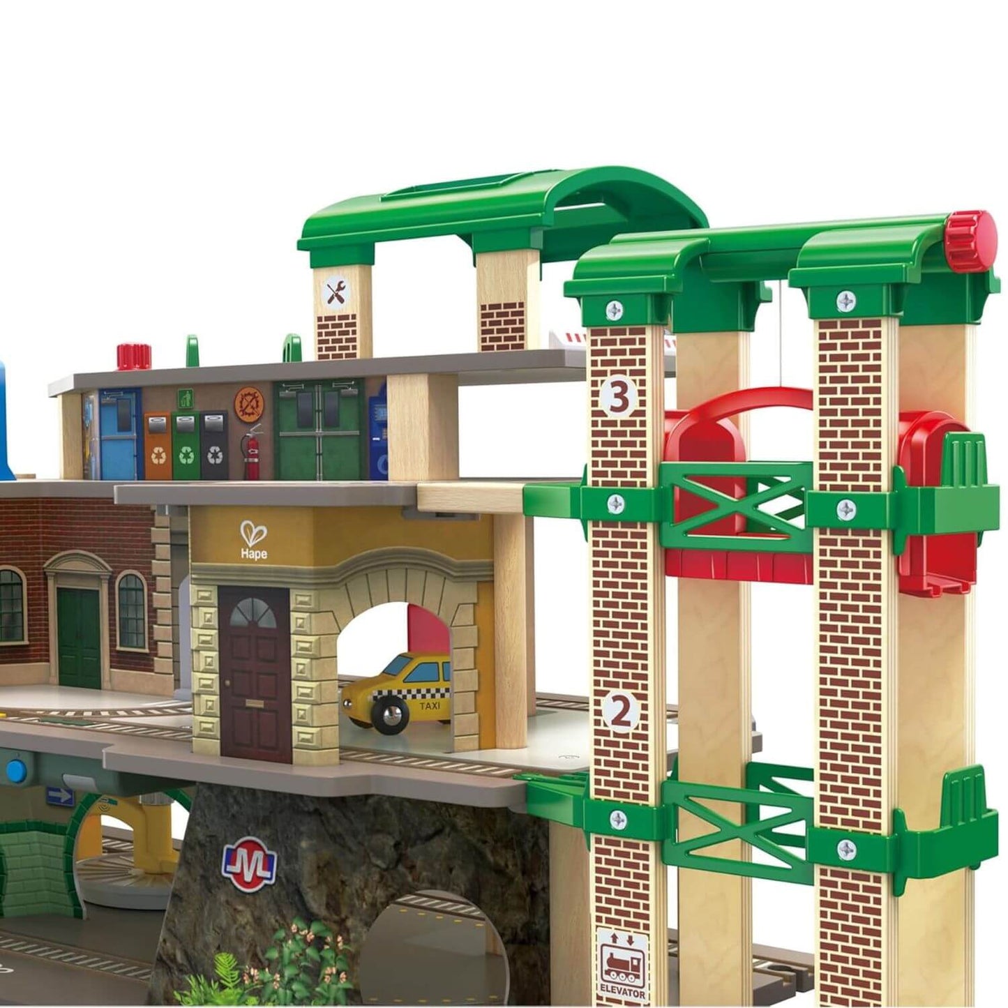 Close-up of Hape Multi-Level Railway City Set