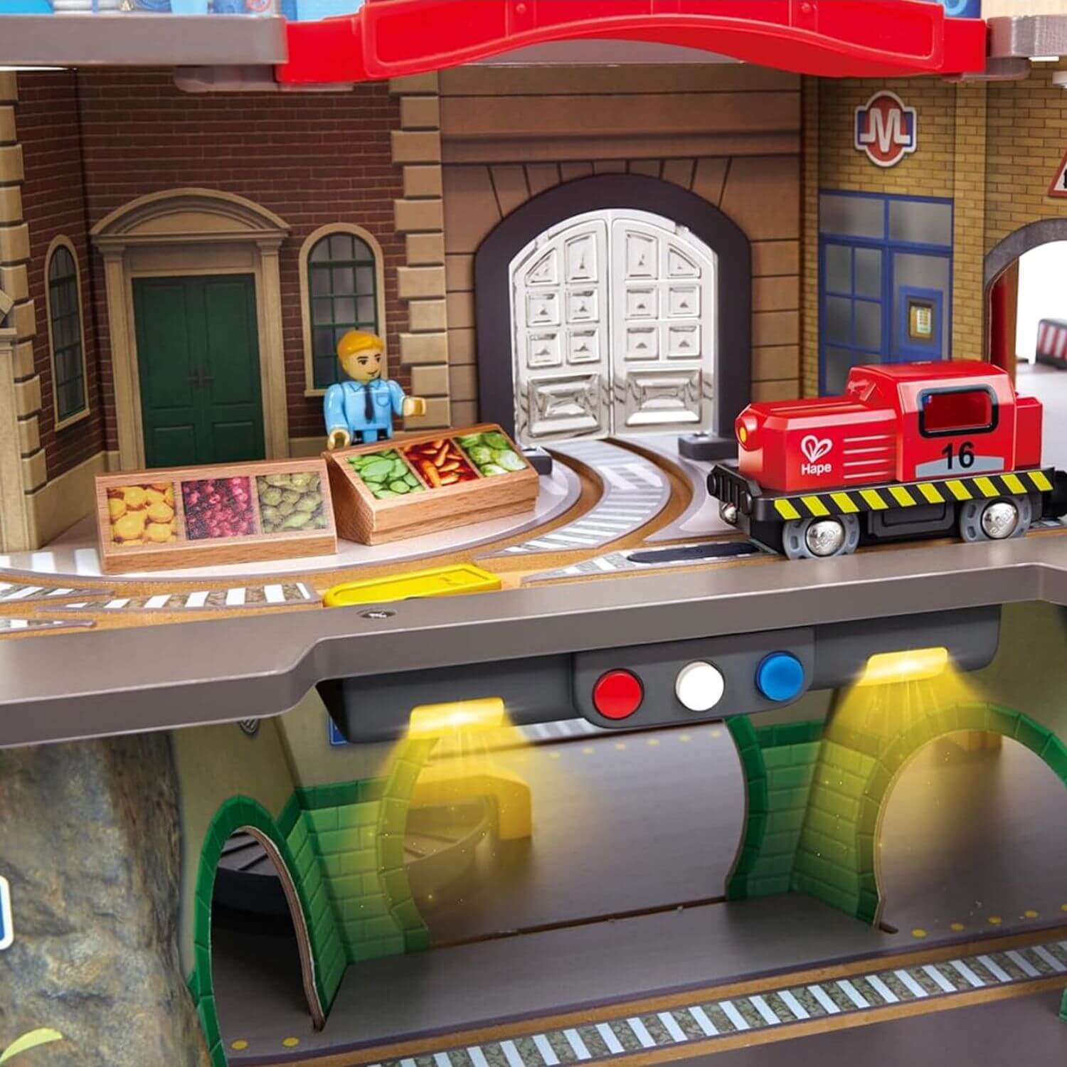 Close-up of Hape Multi-Level Railway City Set