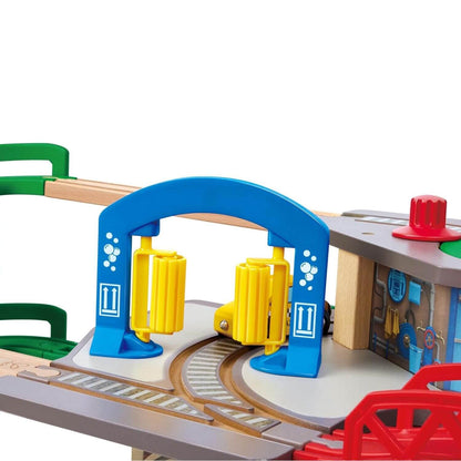 Close-up of Hape Multi-Level Railway City Set