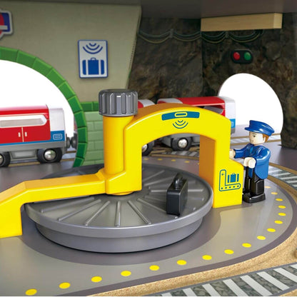 Close-up of Hape Multi-Level Railway City Set