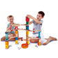 Boys Playing Hape Quadrilla Castle Escape Wooden Marble Run Blocks