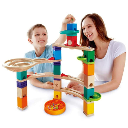 Mom & Boy Playing Hape Quadrilla Cliffhanger Wooden Marble Run Blocks