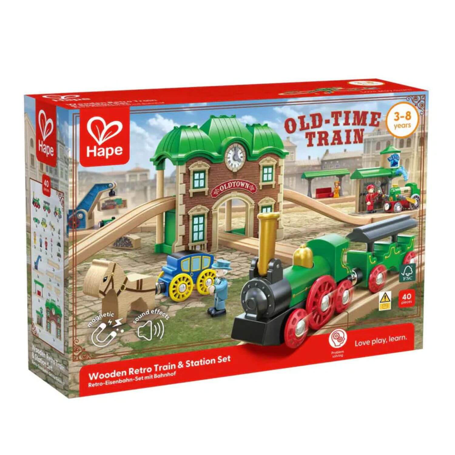Hape Hape Wooden Retro Train & Station Set packaging on a white background