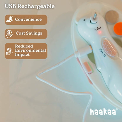 A close-up of a white Haakaa Happii Bear Rechargeable Nail Trimmer Set on a light marble surface, with promotional text on the left highlighting convenience, cost savings, and reduced environmental impact.