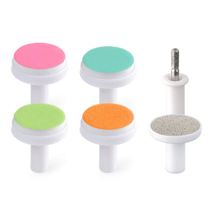 Set of five polishing pads with different colored buffs on a white background