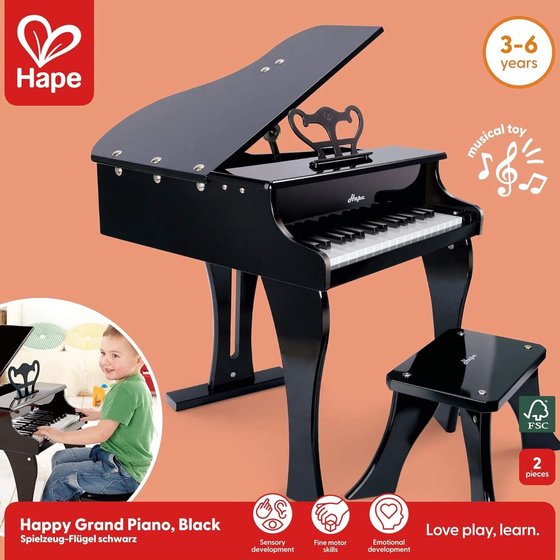 Hape Happy Grand Piano on an orange background with child playing inset