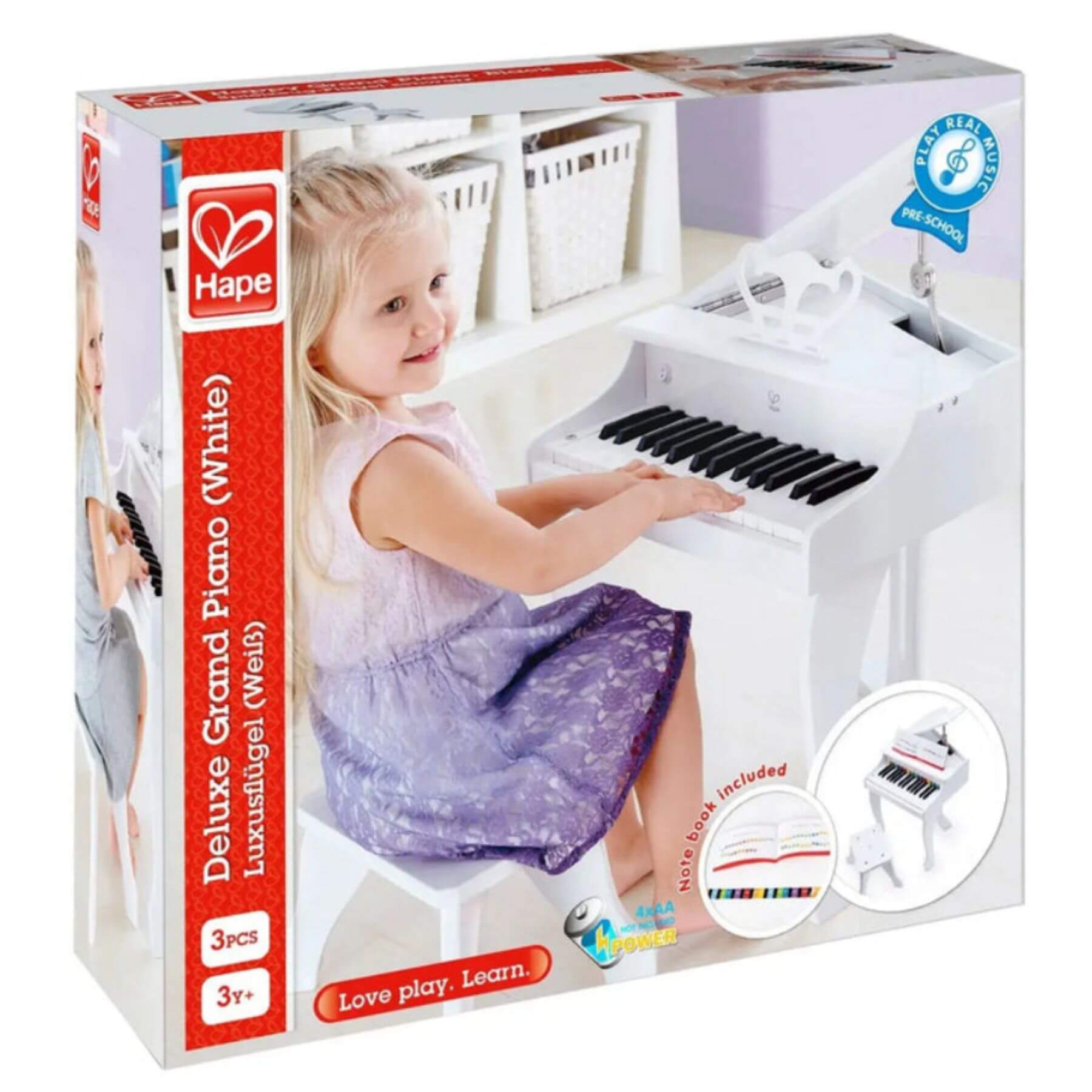 Hape Deluxe Grand Piano packaging with a child playing the piano, featuring the Hape logo.