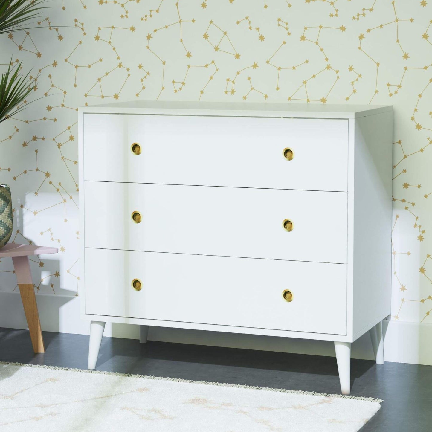 Novogratz Harper 3-Drawer Storage Dresser a wall with geometric pattern