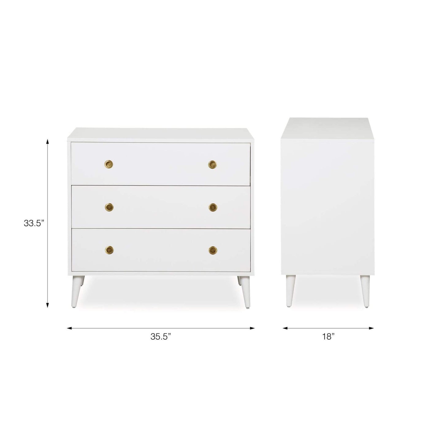 Novogratz Harper 3-Drawer Storage Dresser and dimensions on a white background