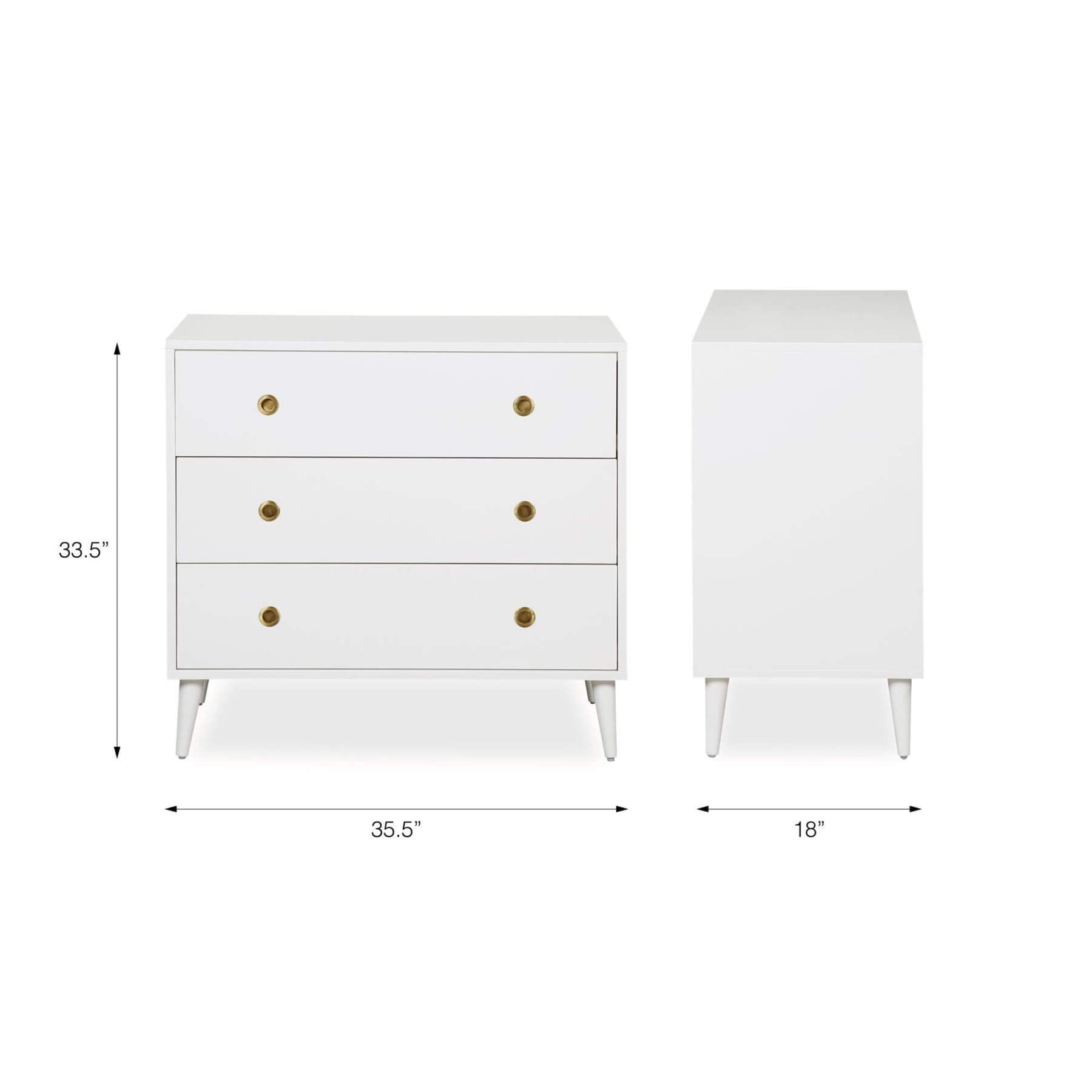 Novogratz Harper 3-Drawer Storage Dresser and dimensions on a white background