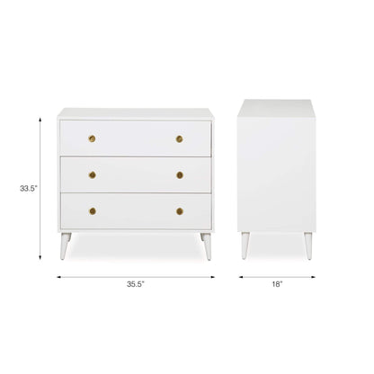Novogratz Harper 3-Drawer Storage Dresser and dimensions on a white background
