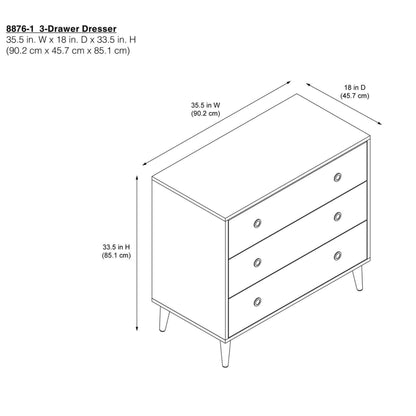 Line drawing Novogratz Harper 3-Drawer Storage Dresser with dimensions labeled