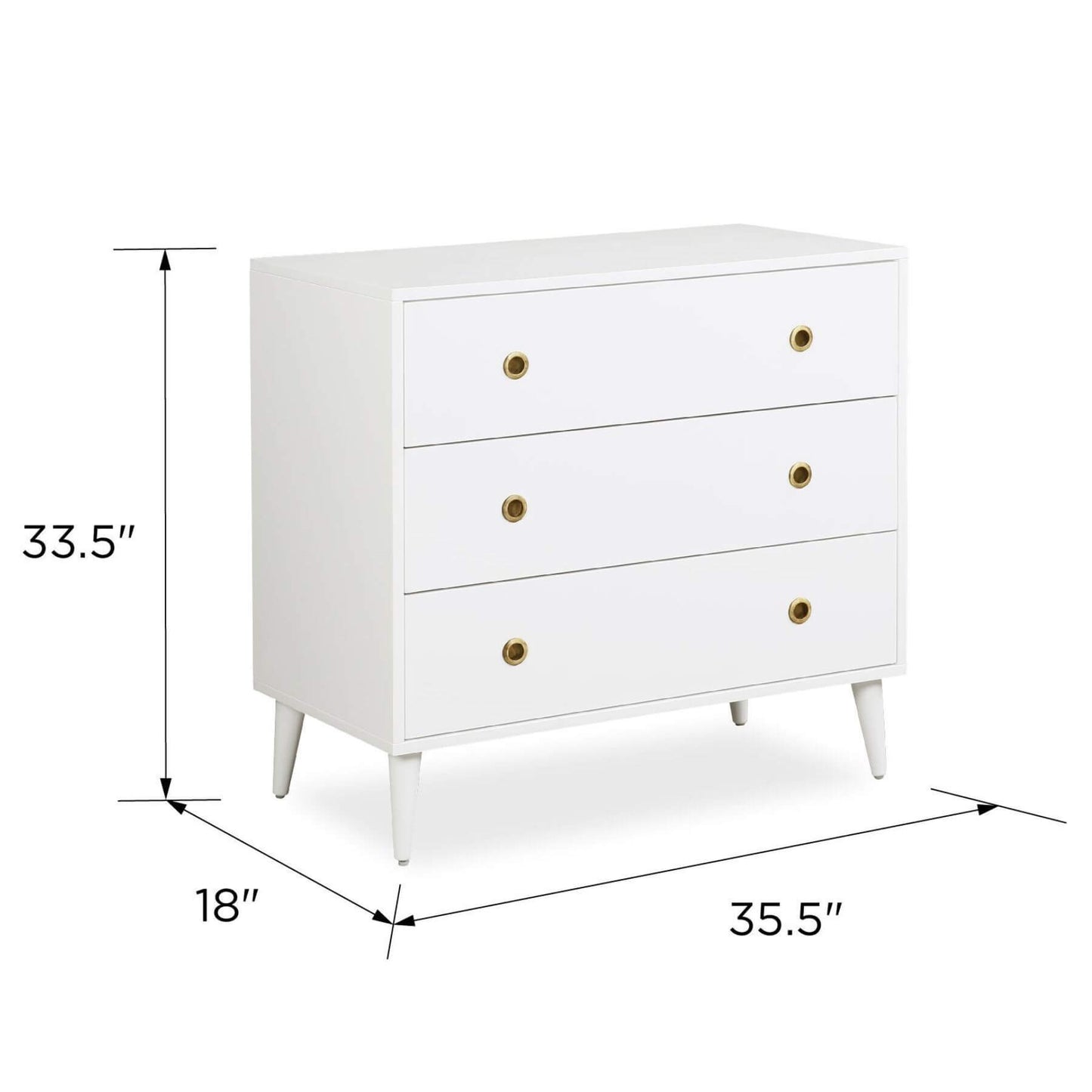 Novogratz Harper 3-Drawer Storage Dresser with dimensions labeled on a white background