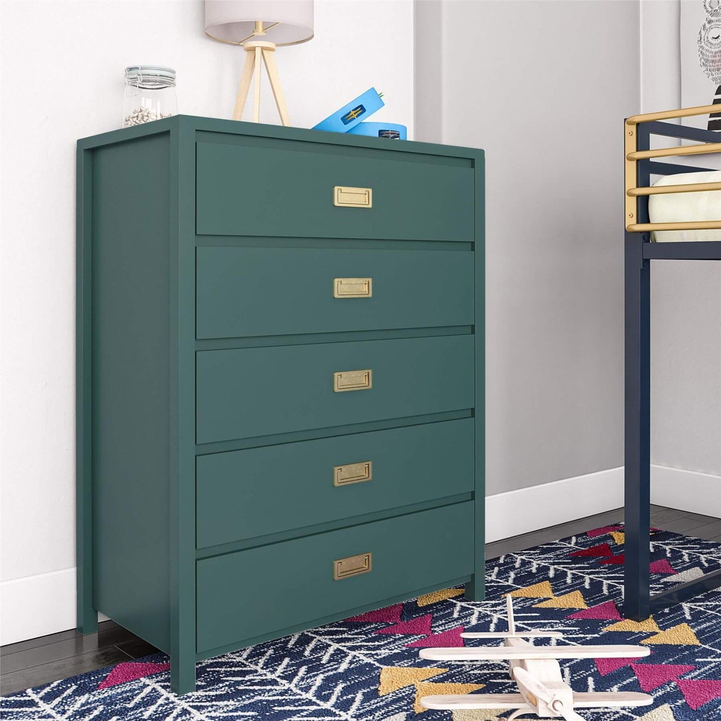 Max & Finn Haven 5-Drawer Kids' Dresser - Hunter Green on a patterned rug