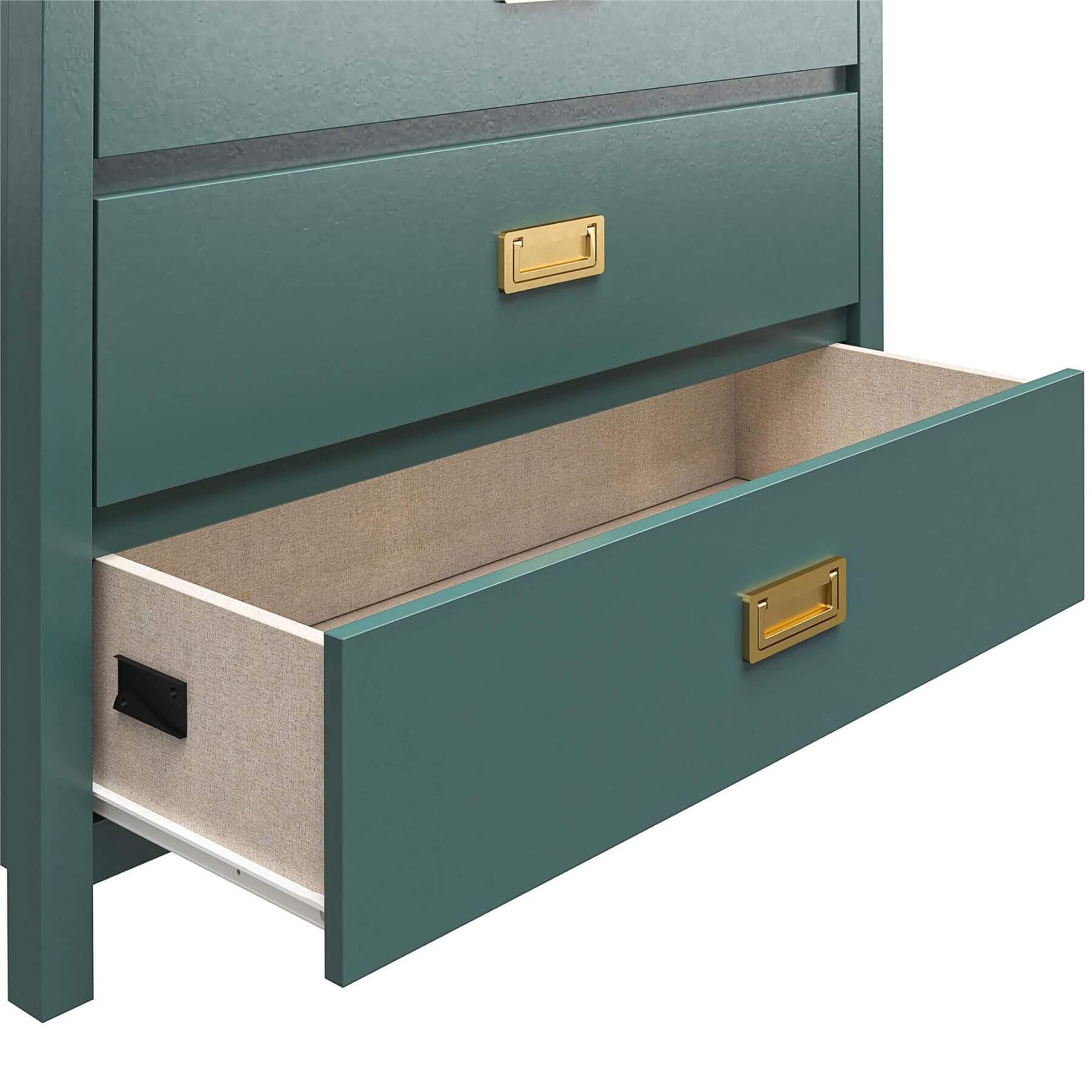 Max & Finn Haven 5-Drawer Kids' Dresser - Hunter Green with open drawer featuring gold handles on a white background