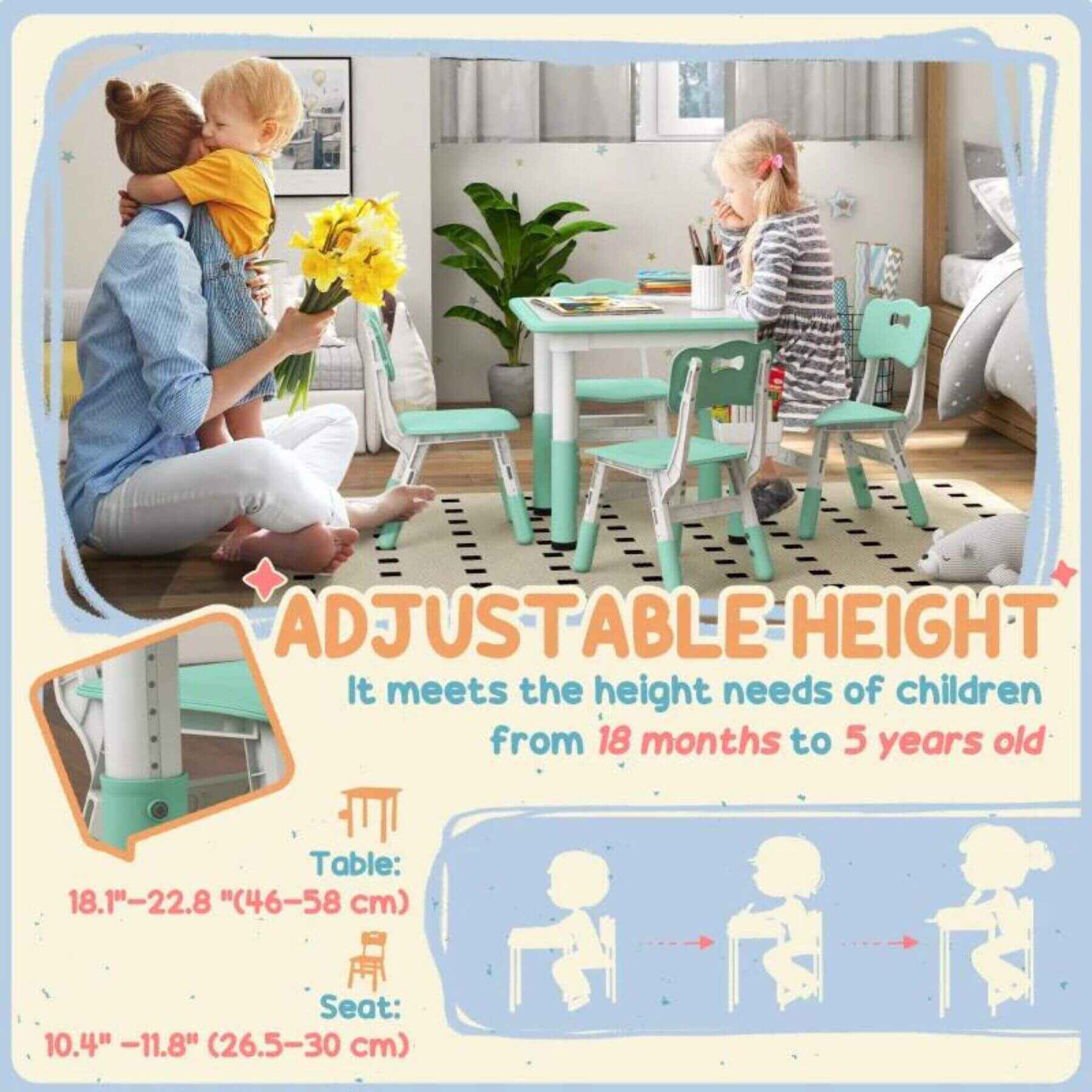 Kids Using Qaba Height Adjustable 5pc Toddler Table and Chair Set, w/ Storage Box, Green