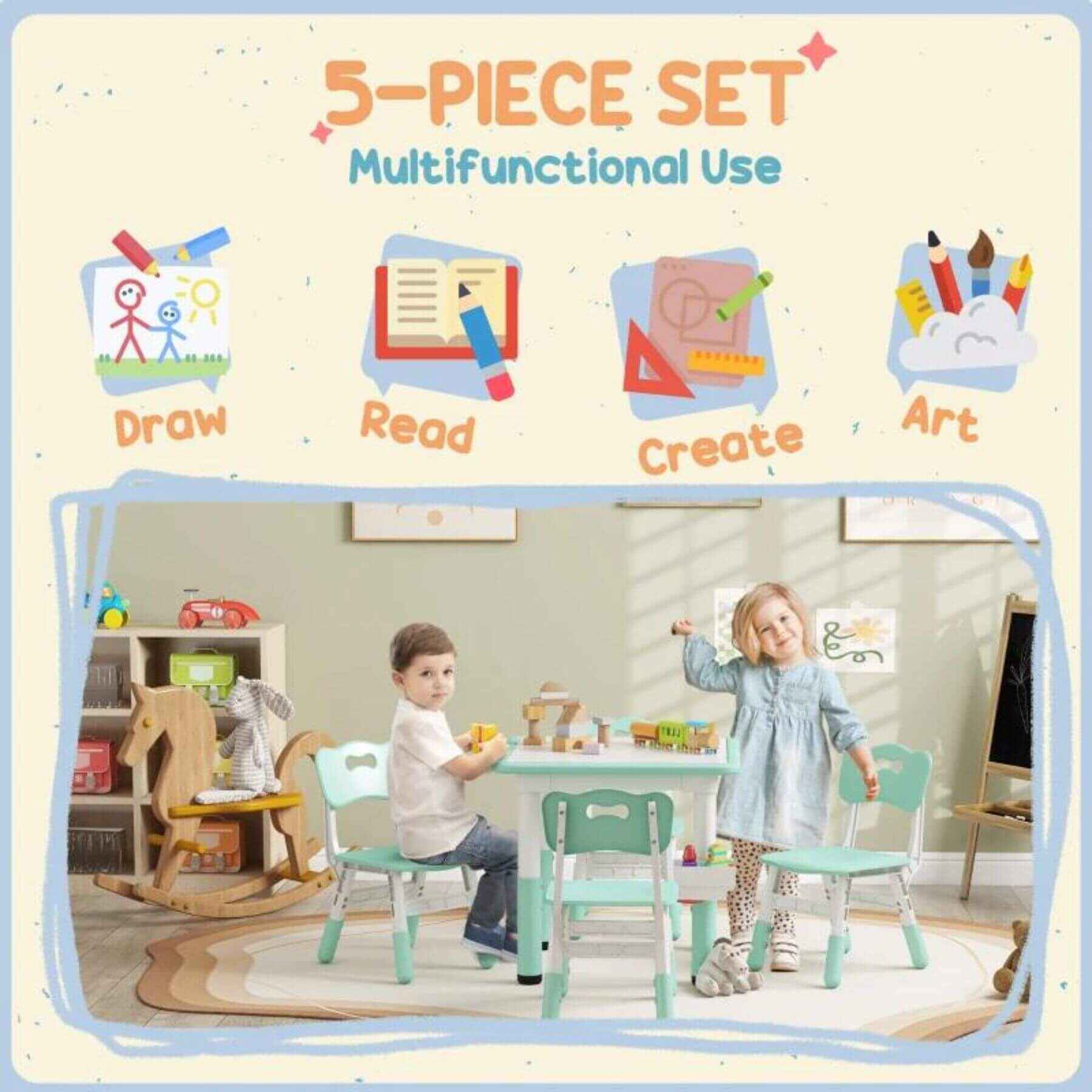 Kids Sitting at Qaba Height Adjustable 5pc Toddler Table and Chair Set, w/ Storage Box, Green