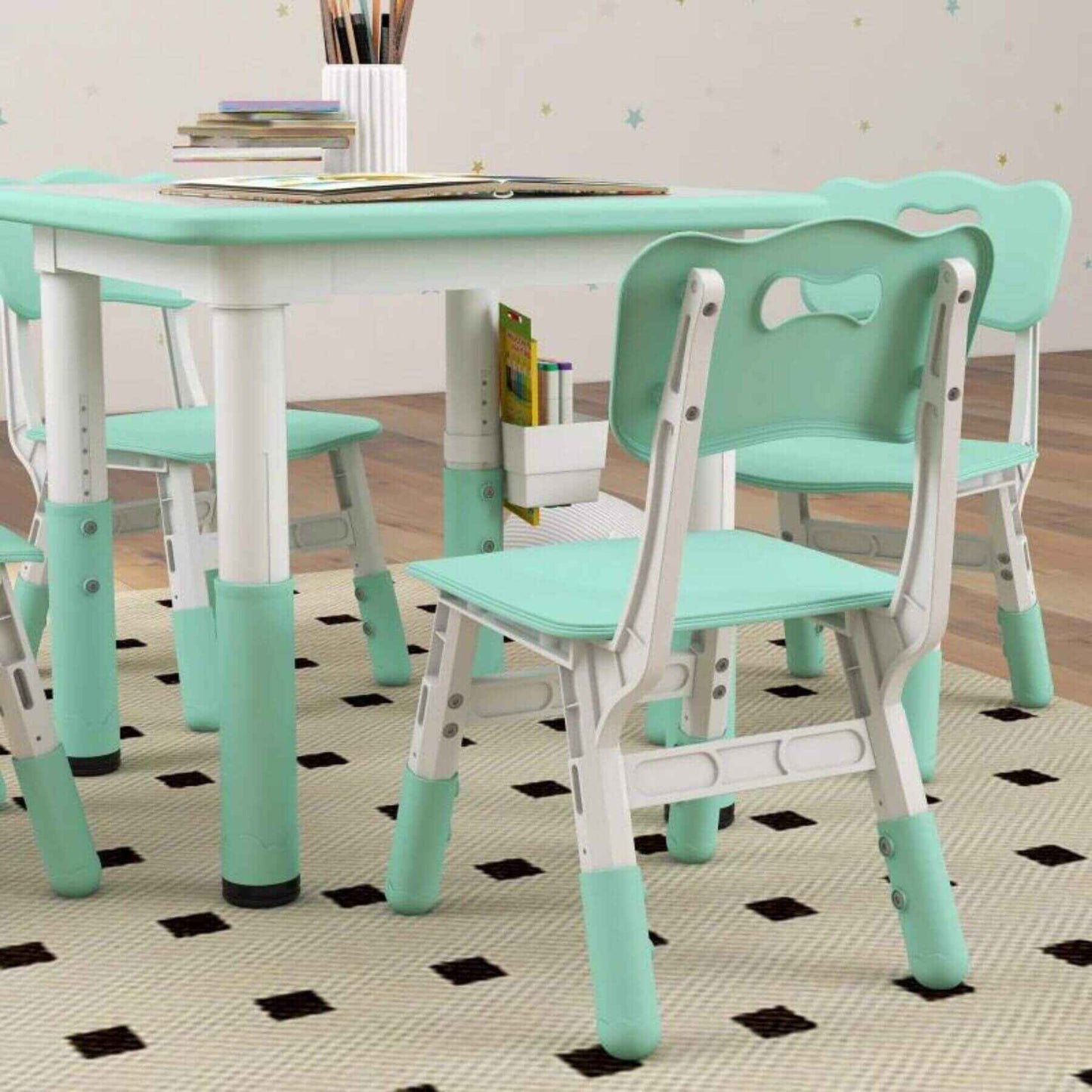 Detail View of Qaba Height Adjustable 5pc Toddler Table and Chair Set, w/ Storage Box, Green