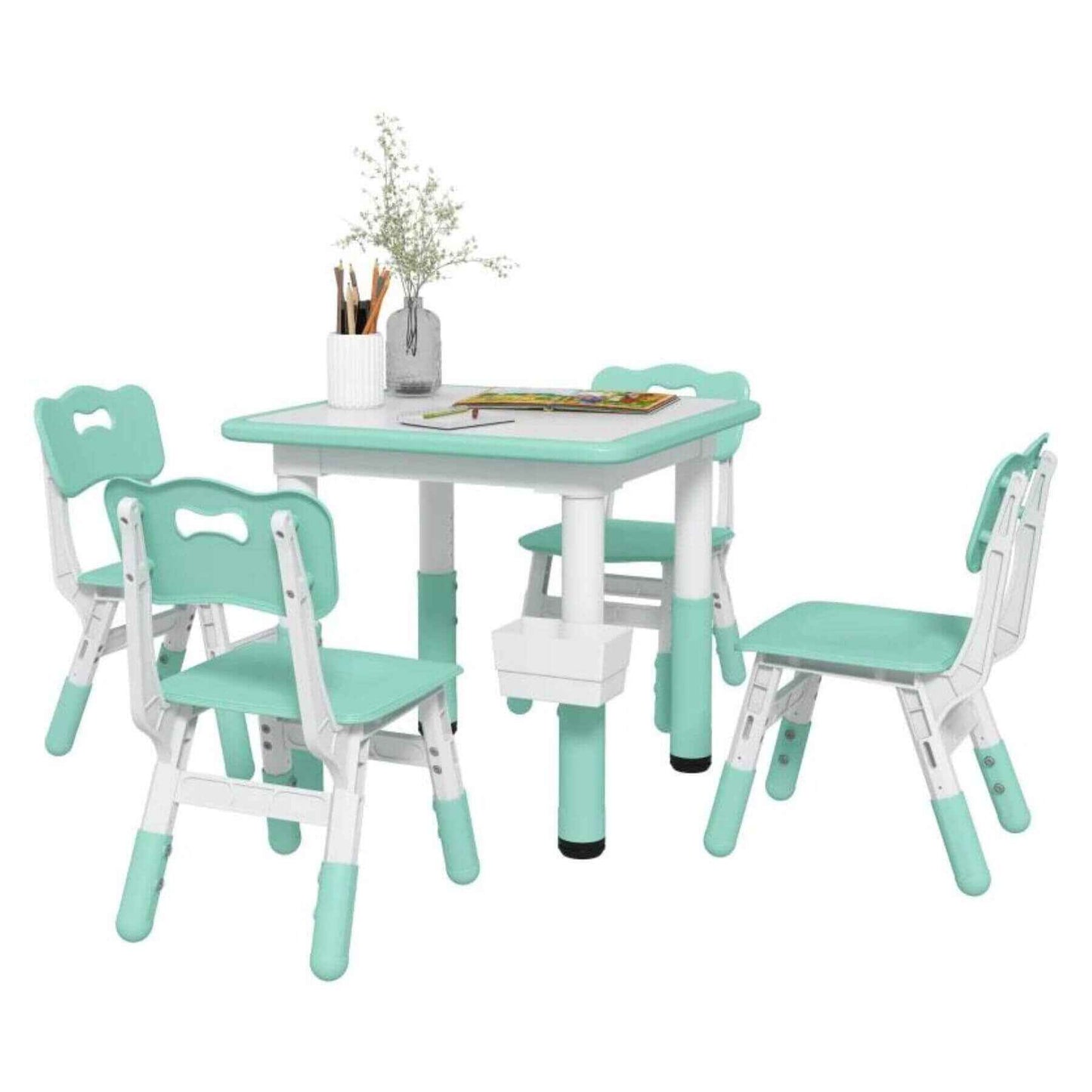 Qaba Height Adjustable 5pc Toddler Table and Chair Set, w/ Storage Box, Green