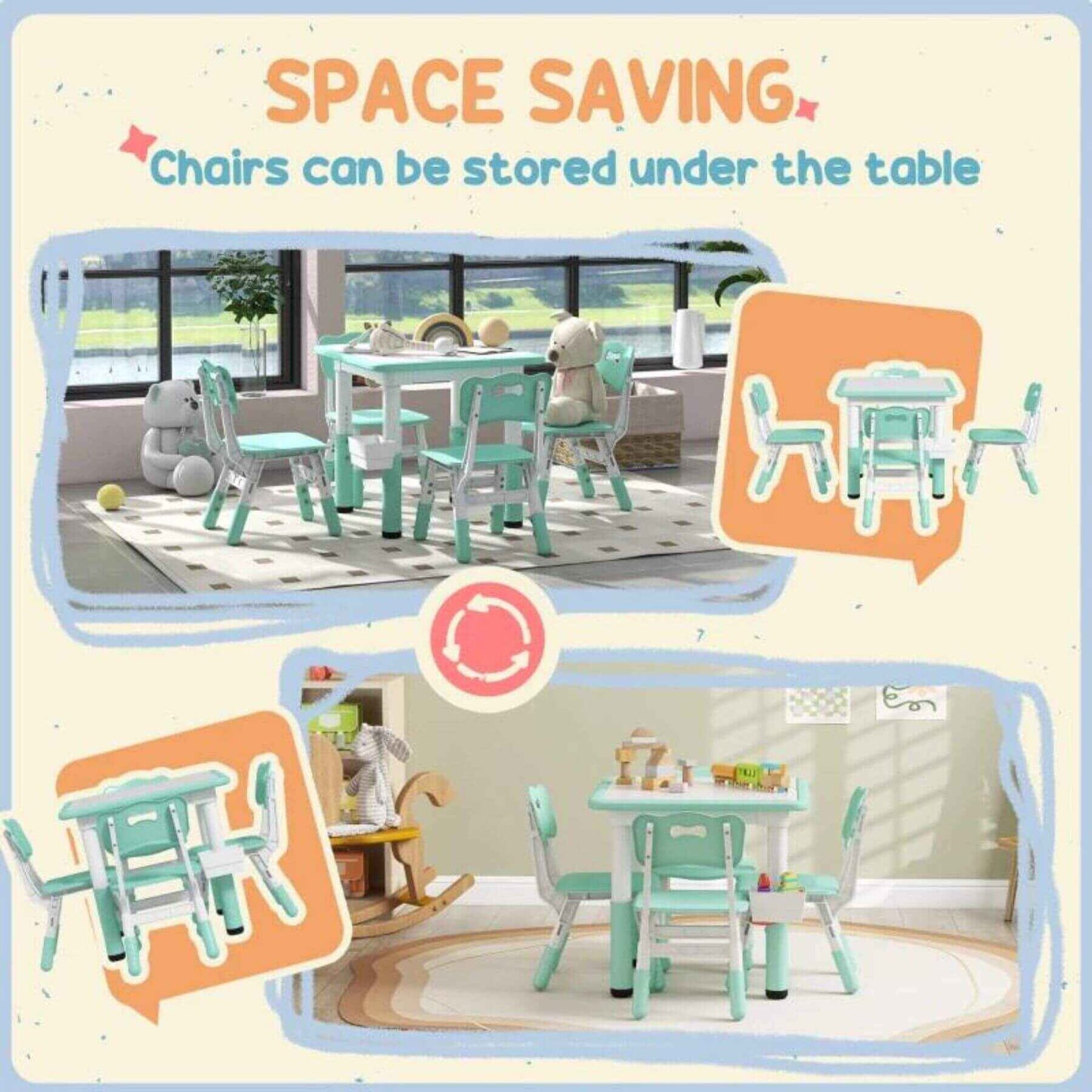 Qaba Height Adjustable 5pc Toddler Table and Chair Set, w/ Storage Box, Green