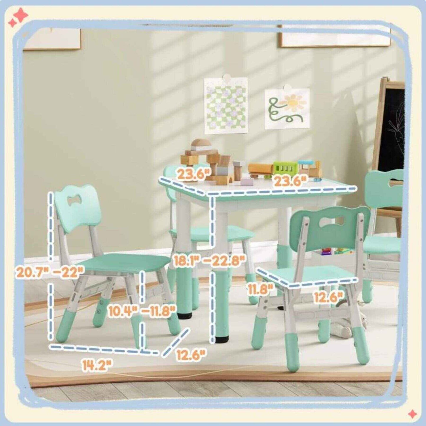 Qaba Height Adjustable 5pc Toddler Table and Chair Set, w/ Storage Box, Green