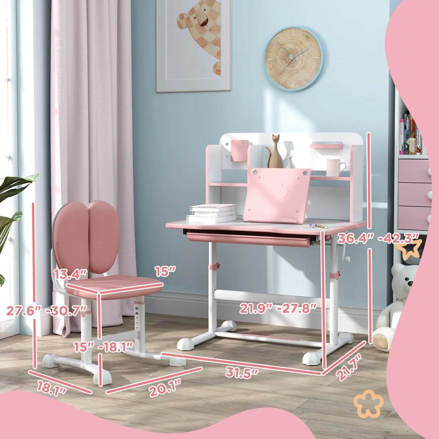 Qaba Height Adjustable Kids Desk and Chair Set Pink