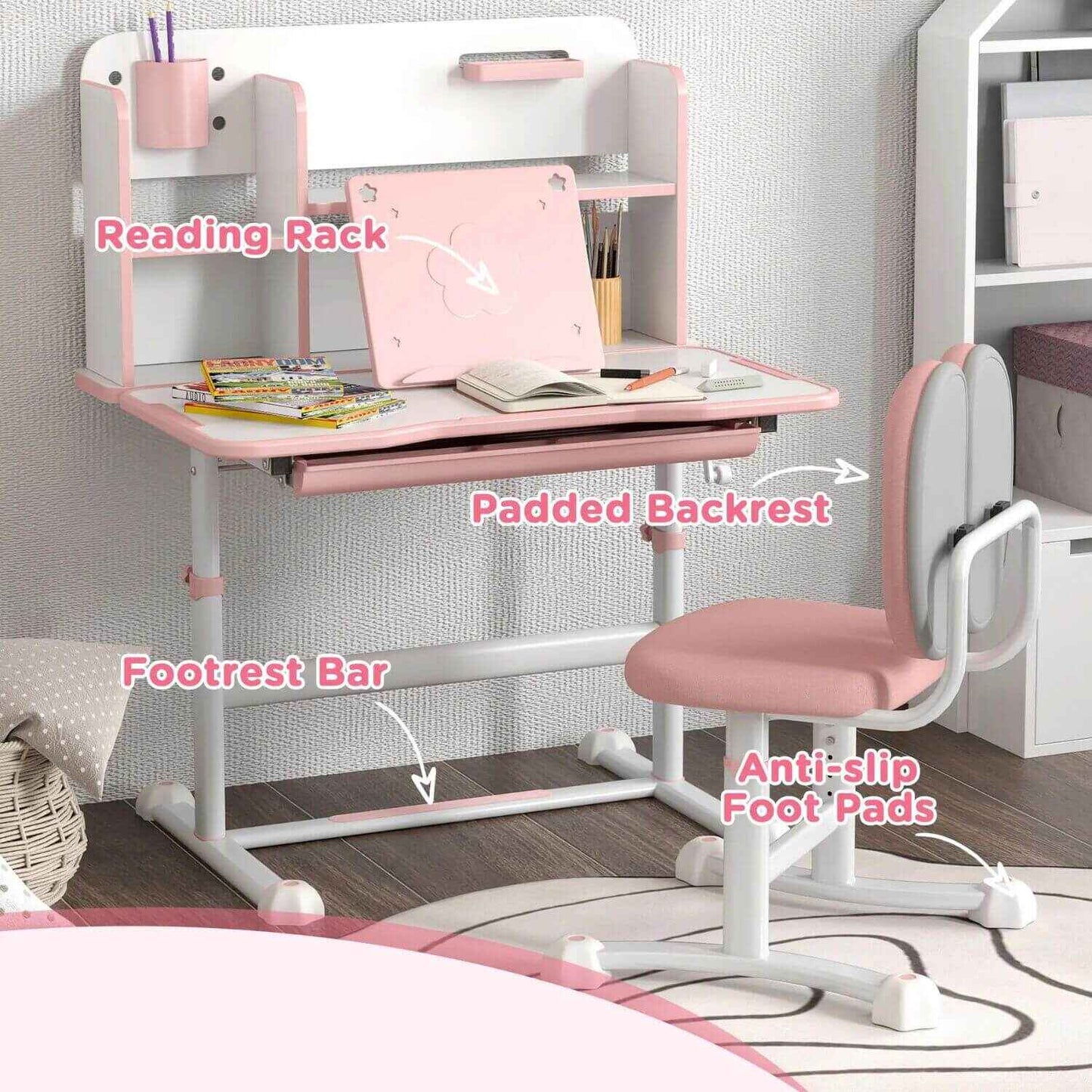 Qaba Height Adjustable Kids Desk and Chair Set Pink