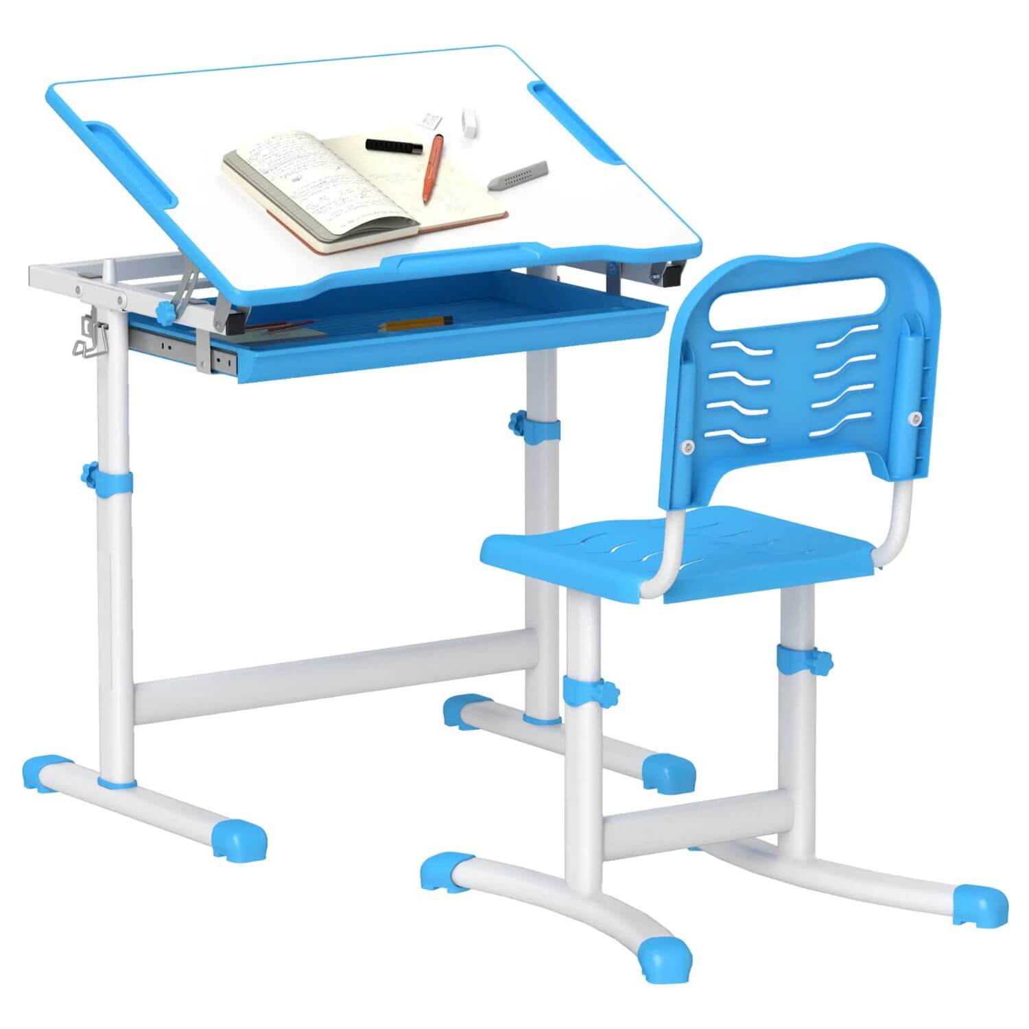 Qaba Height Adjustable Kids Desk and Chairs Set Blue