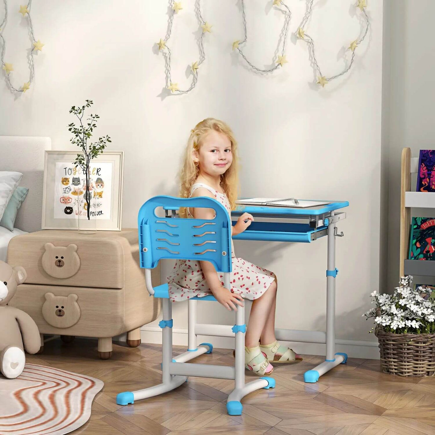 Girl Sitting at Qaba Height Adjustable Kids Desk and Chairs Set Blue