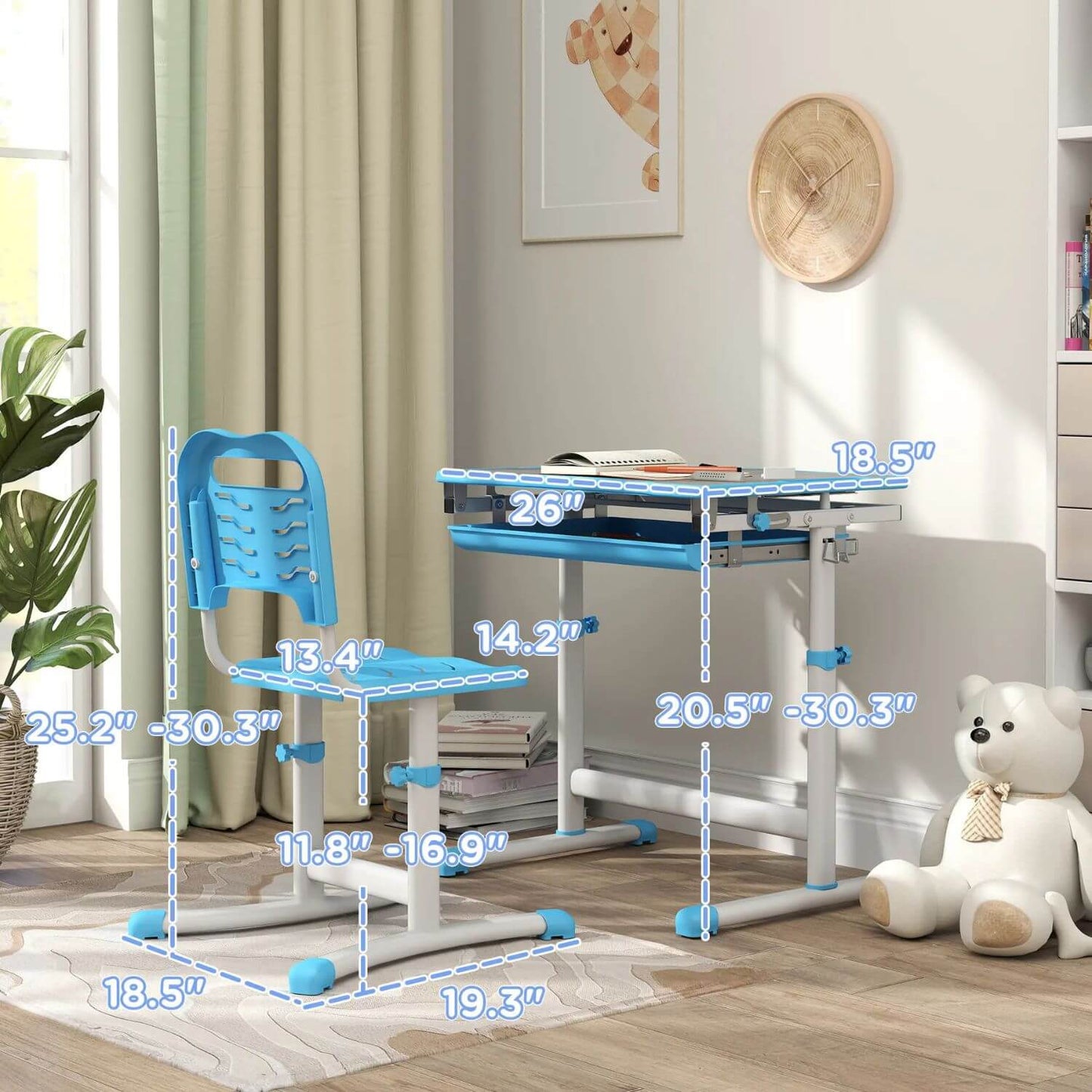 Qaba Height Adjustable Kids Desk and Chairs Set Blue