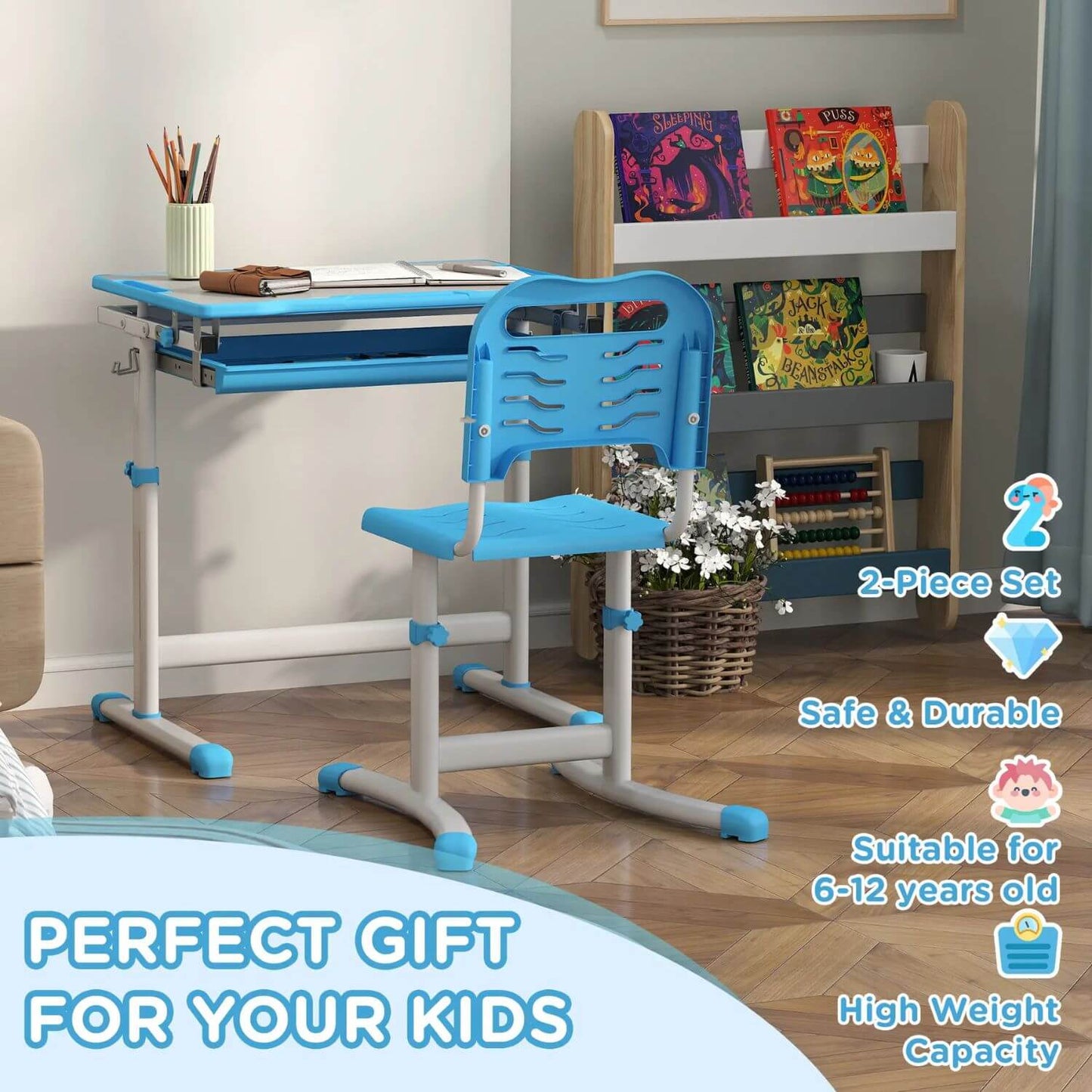 Qaba Height Adjustable Kids Desk and Chairs Set Blue