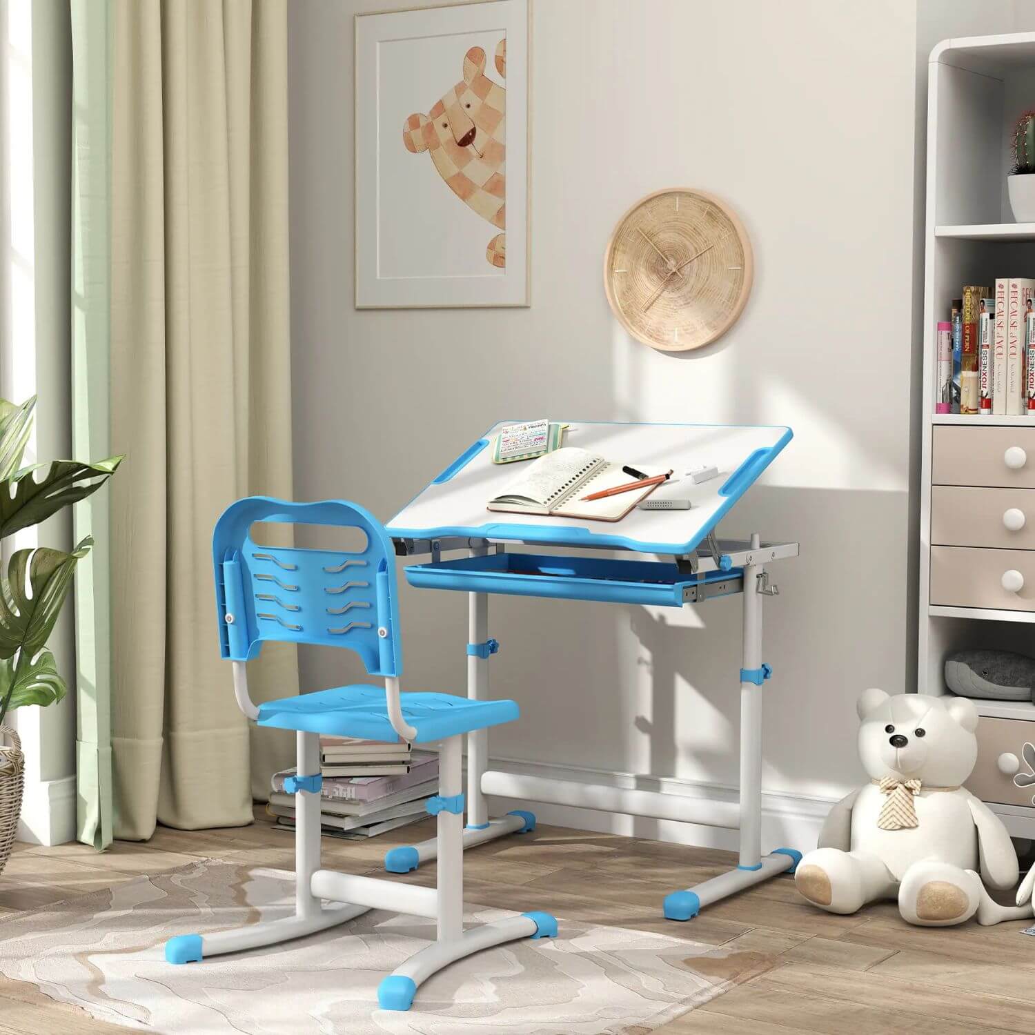 Qaba Height Adjustable Kids Desk and Chairs Set Blue