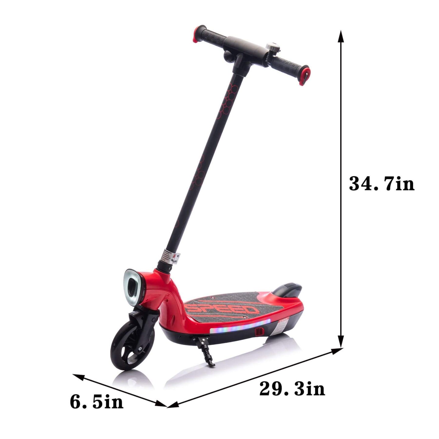 HIFINE Kids Ride On Electric Scooter With Kickstand - Red with dimensions labeled on a white background