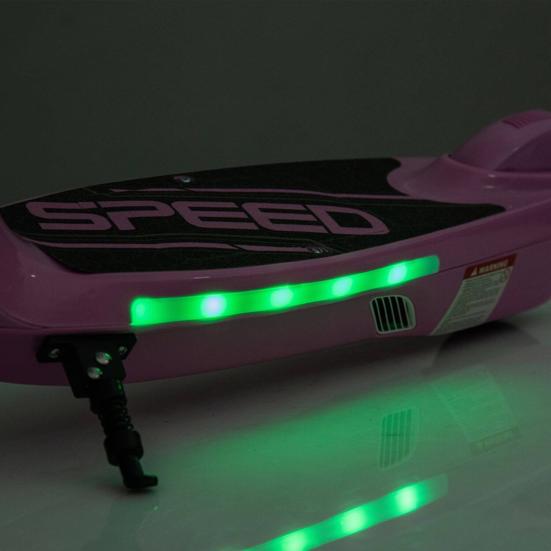 HIFINE Kids Ride On Electric Scooter With Kickstand - Pink with green lights on a dark background