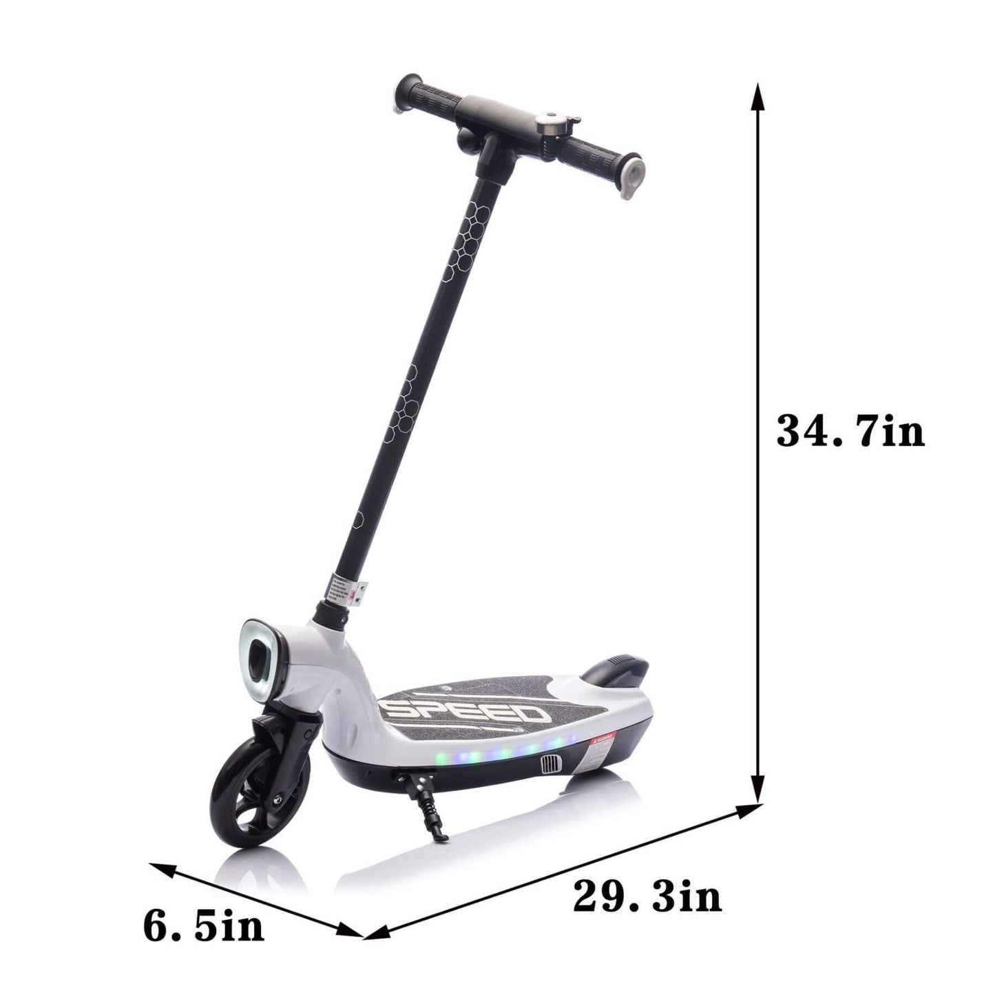 HIFINE Kids Ride On Electric Scooter With Kickstand - White with dimensions labeled on a white background