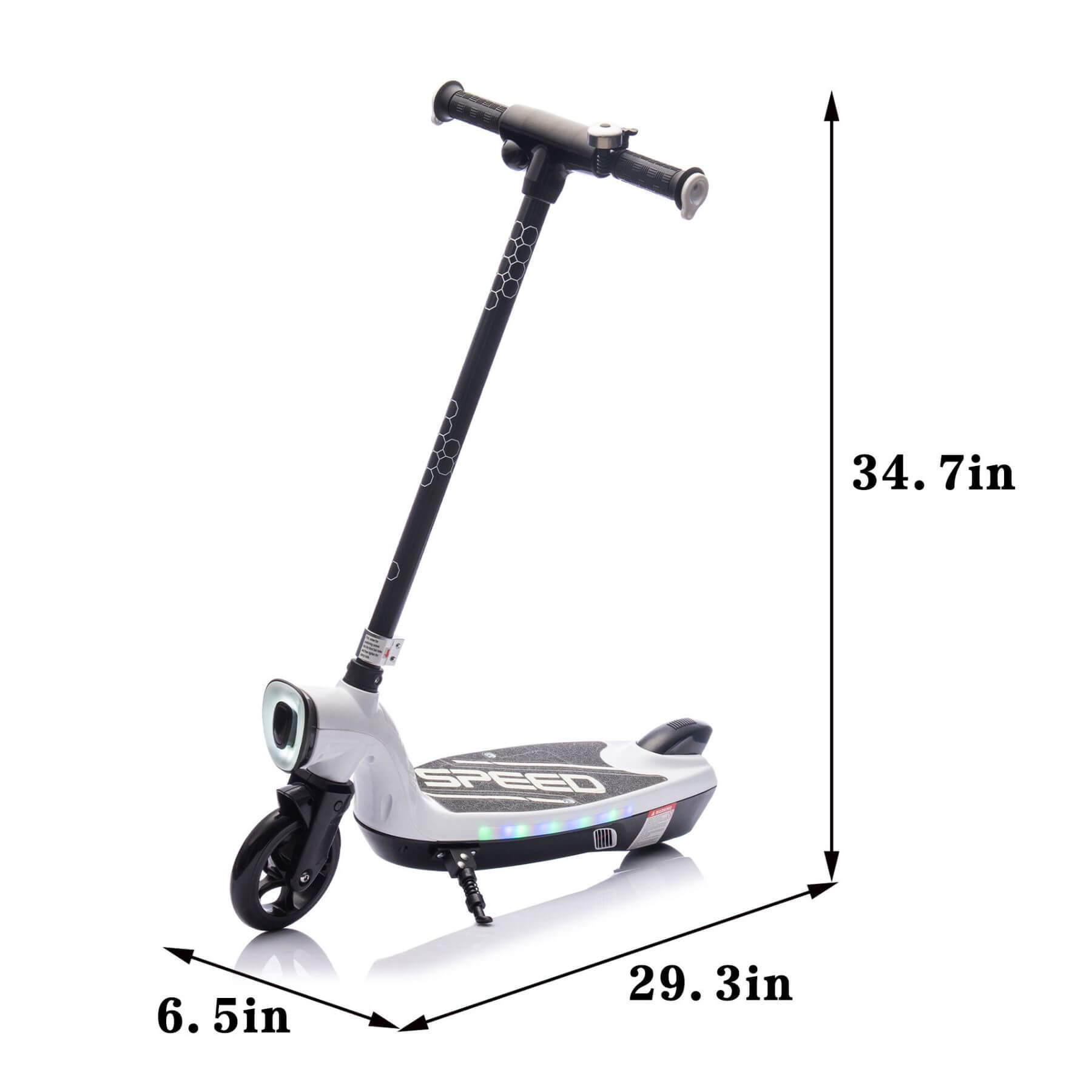HIFINE Kids Ride On Electric Scooter With Kickstand - White with dimensions labeled on a white background