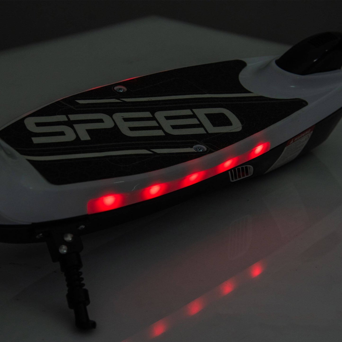 HIFINE Kids Ride On Electric Scooter With Kickstand - White with red lights and 'SPEED' branding on a reflective surface.