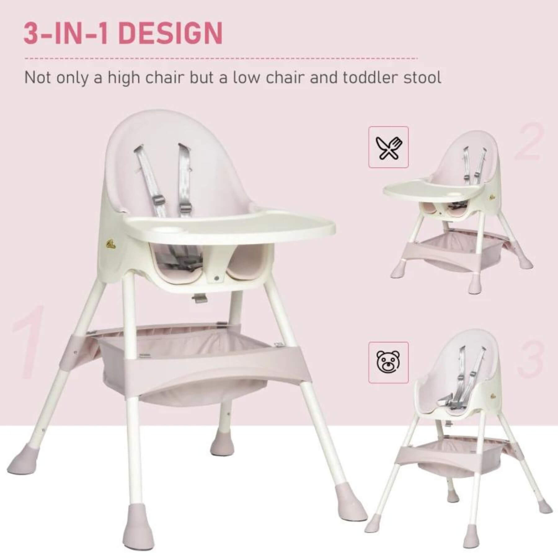 Qaba High Chair with Removable Food Tray, for Kids 3 to 6 Months, Pink