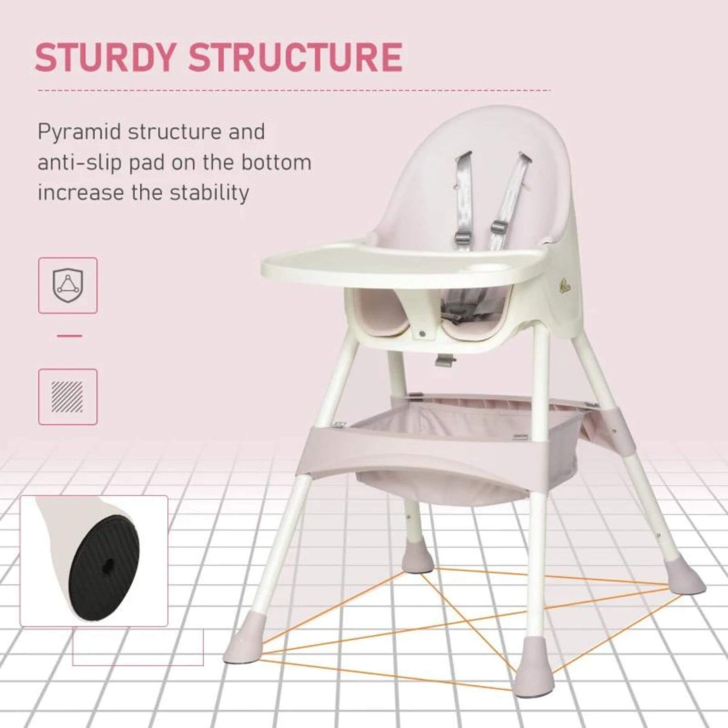 Qaba High Chair with Removable Food Tray, for Kids 3 to 6 Months, Pink