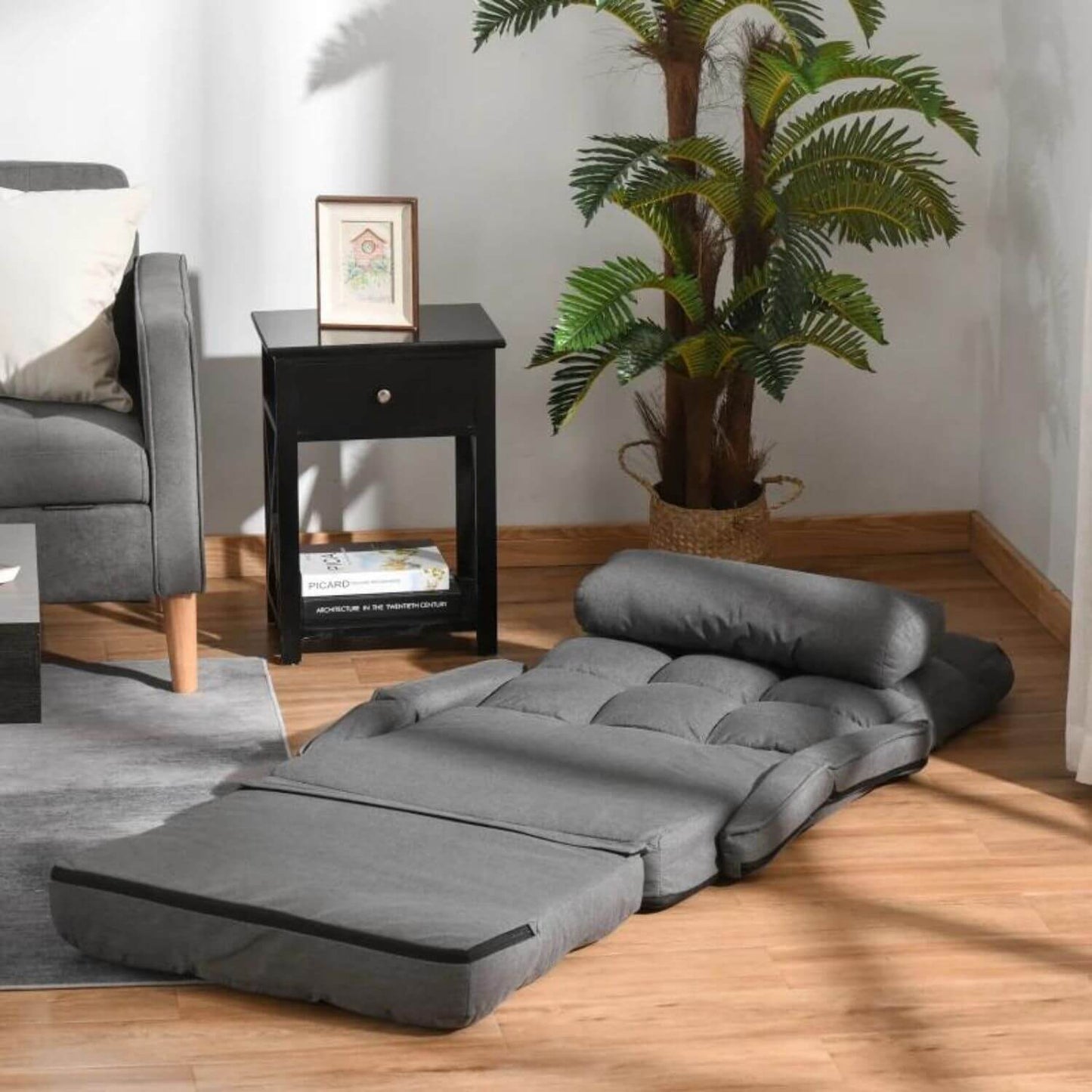 HOMCOM Nursery Convertible Floor Sofa Bed | Grey Recliner Armchair