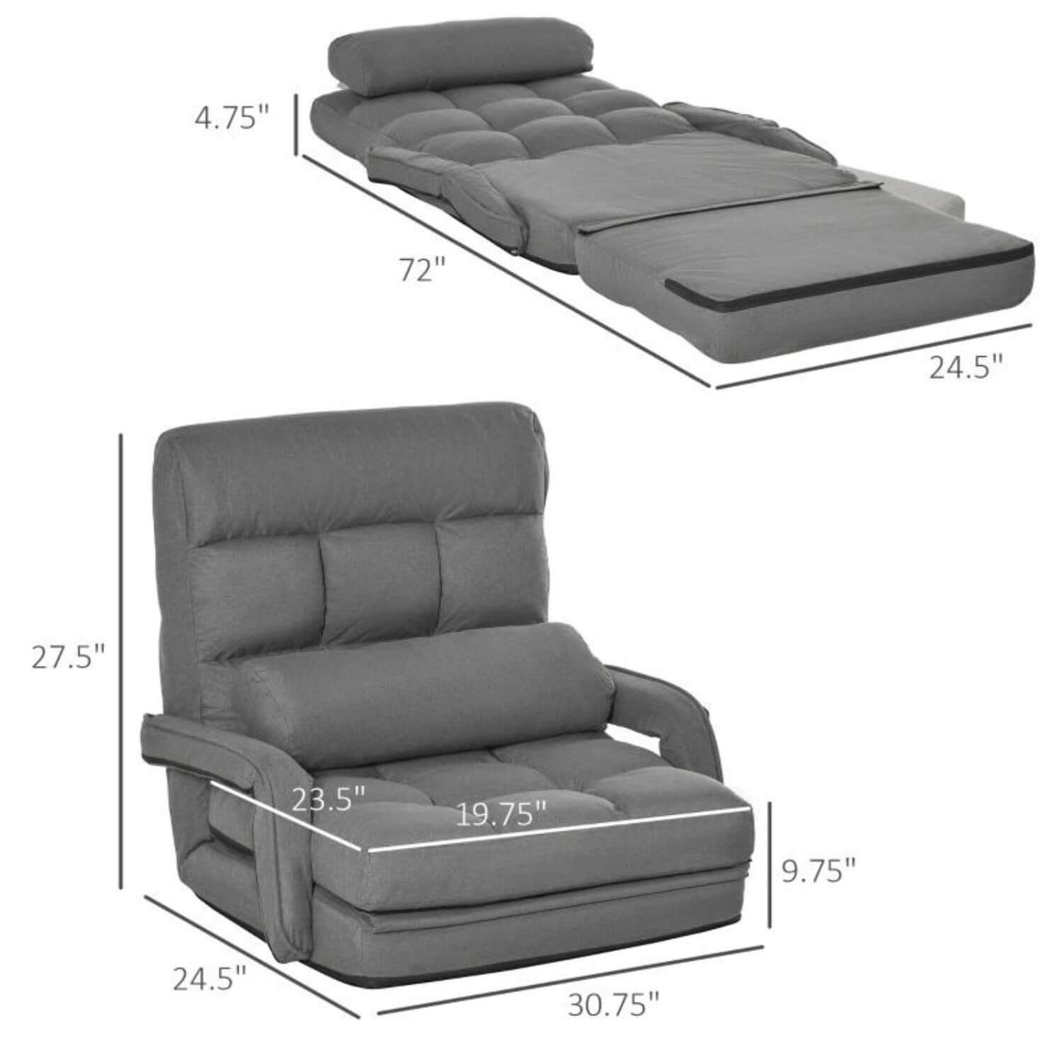 HOMCOM Nursery Convertible Floor Sofa Bed | Grey Recliner Armchair