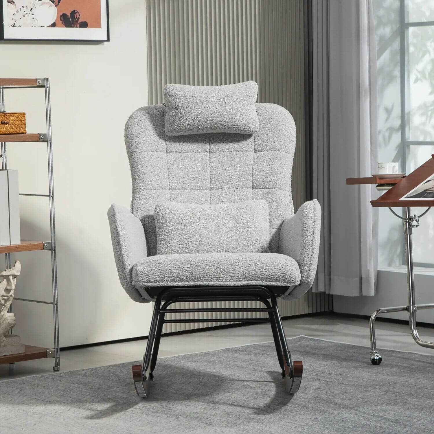 Front View of HOMCOM Nursery Rocking Chair with Headrest, Lumber Pillow, Light Grey