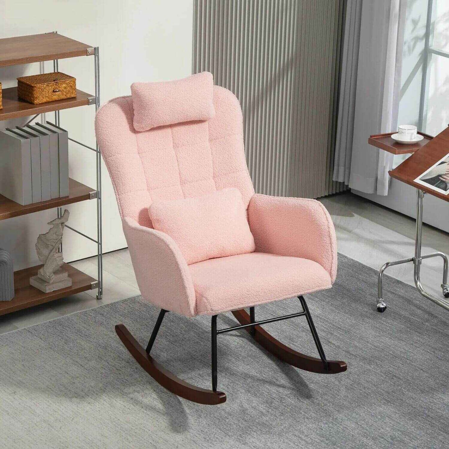 HOMCOM Nursery Rocking Chair with Headrest, Lumber Pillow, Pink