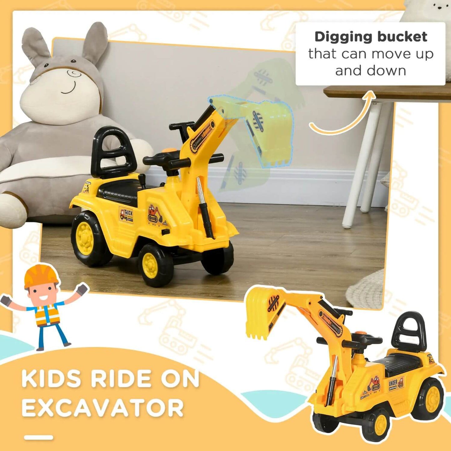 HOMCOM Ride On Excavator Pull Cart, Kids Digger Ride on Truck with Horn