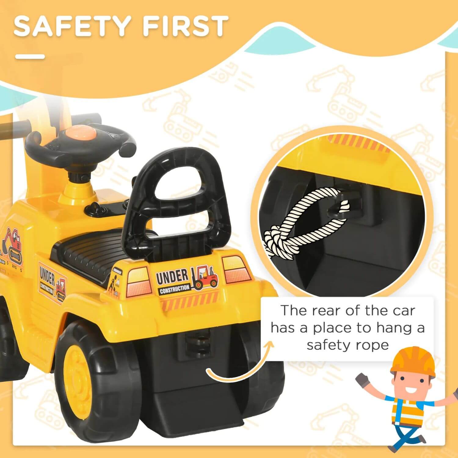 Detail of HOMCOM Ride On Excavator Pull Cart, Kids Digger Ride on Truck with Horn