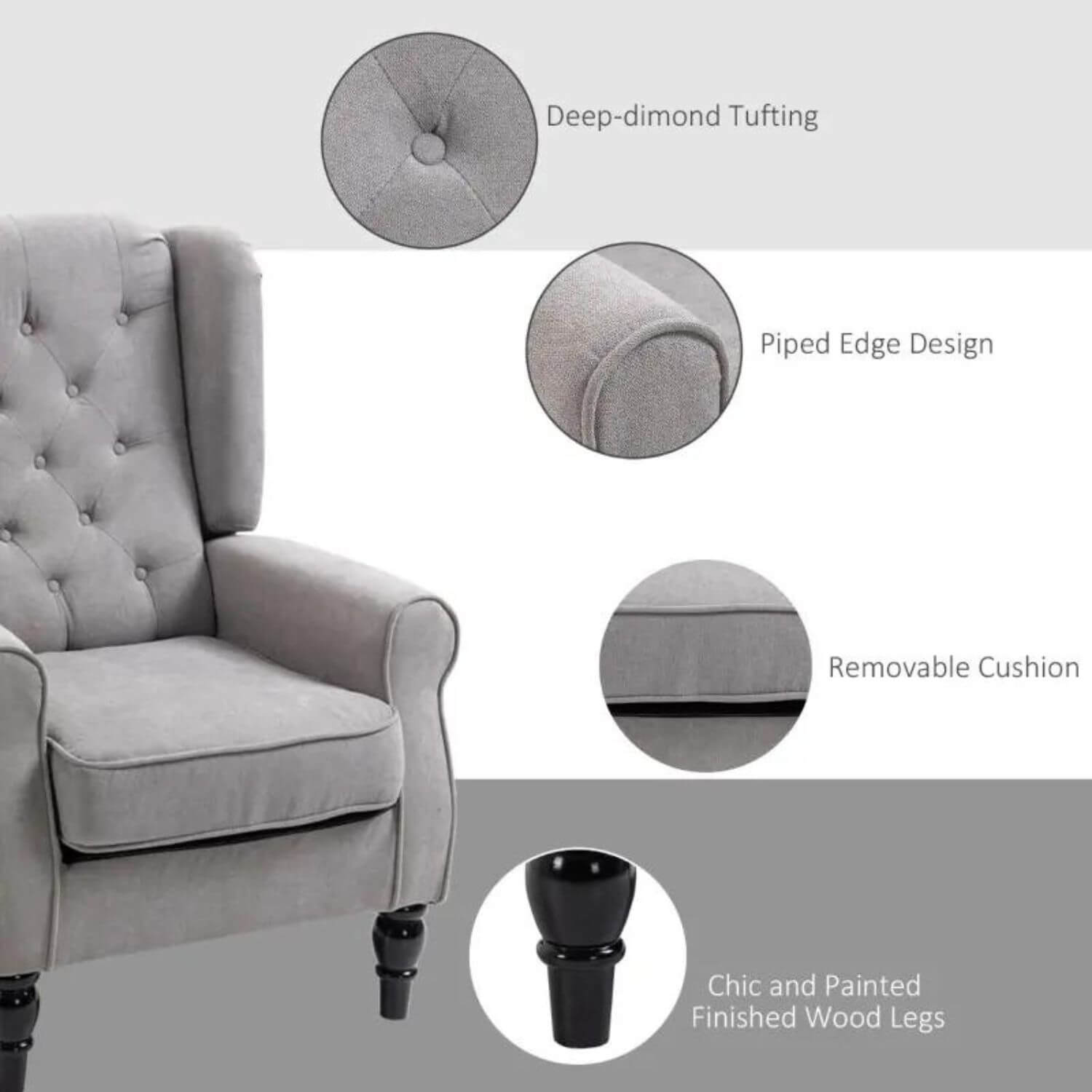 HOMCOM Button-Tufted Wingback Nursery Chair in Grey | Armrest and Padded Seat