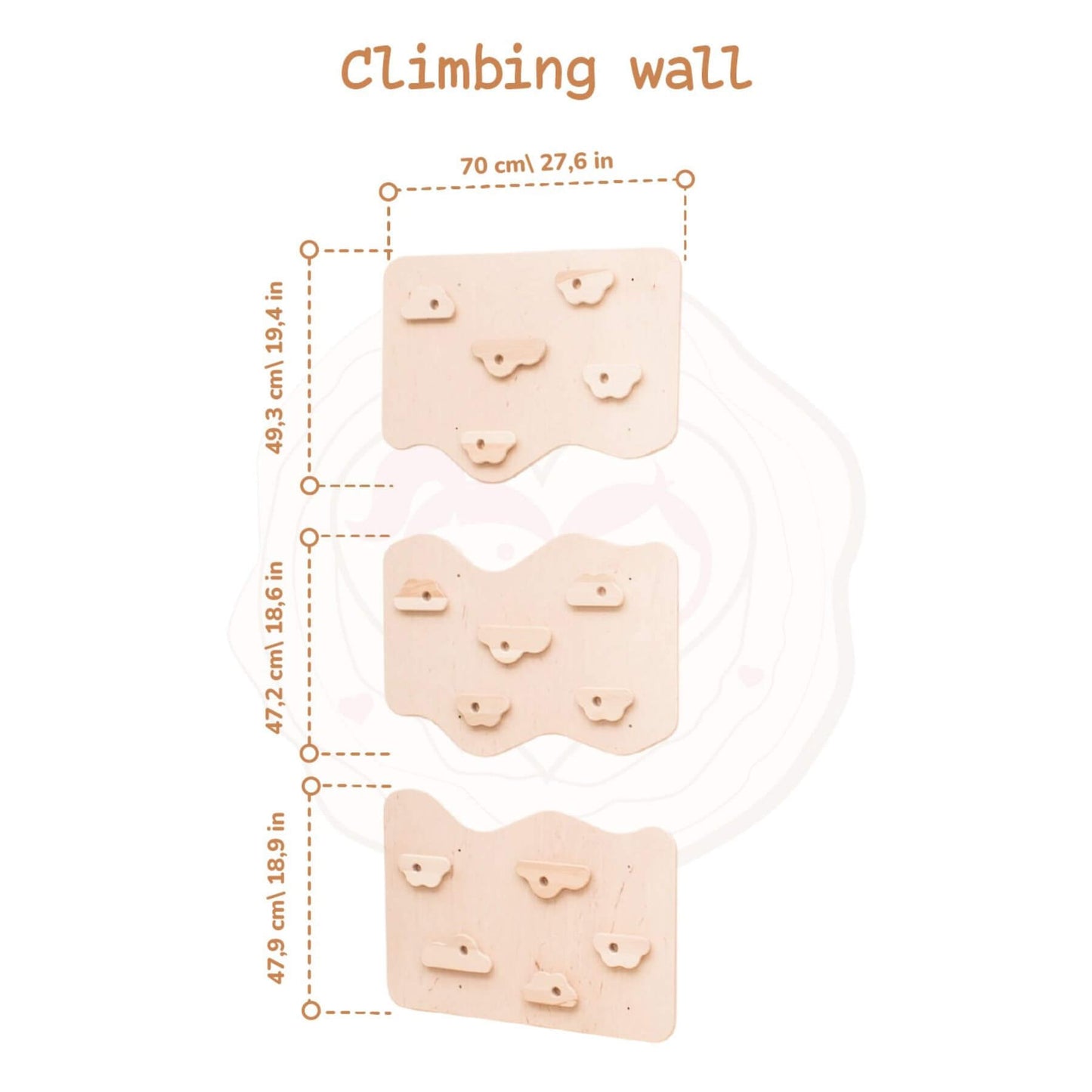 Wood and Hearts Home Climbing Wall with measurements on a white background