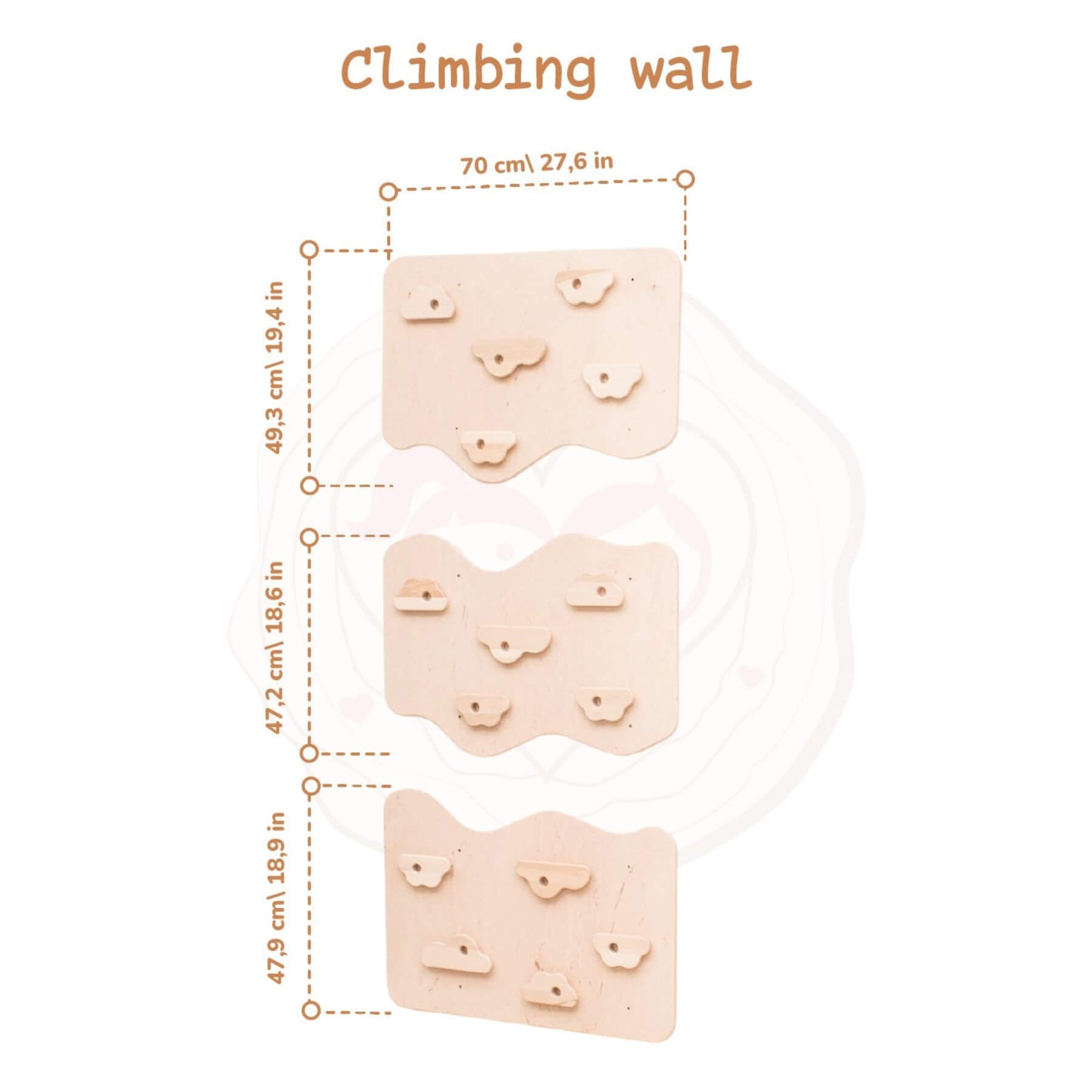 Wood and Hearts Home Climbing Wall with measurements on a white background