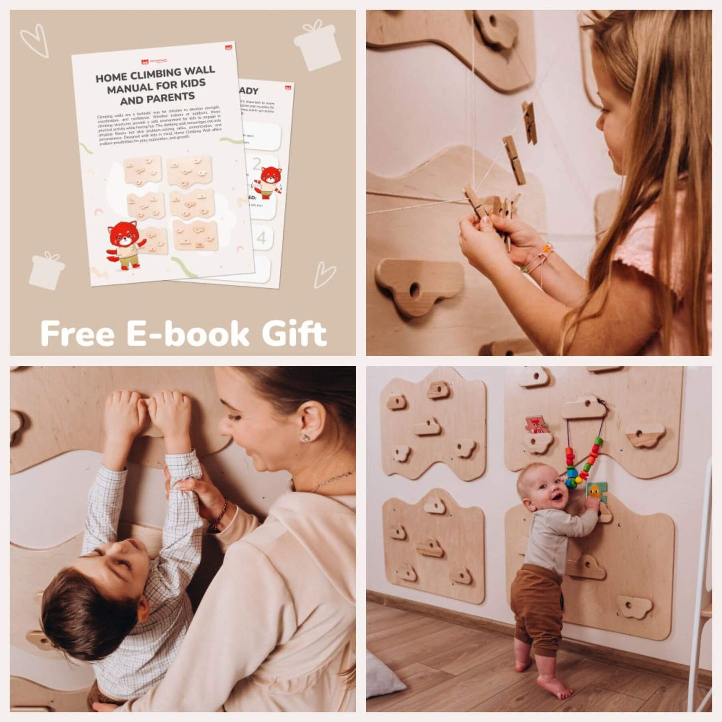 Collage of a child climbing on a wooden climbing wall with a free e-book gift text.